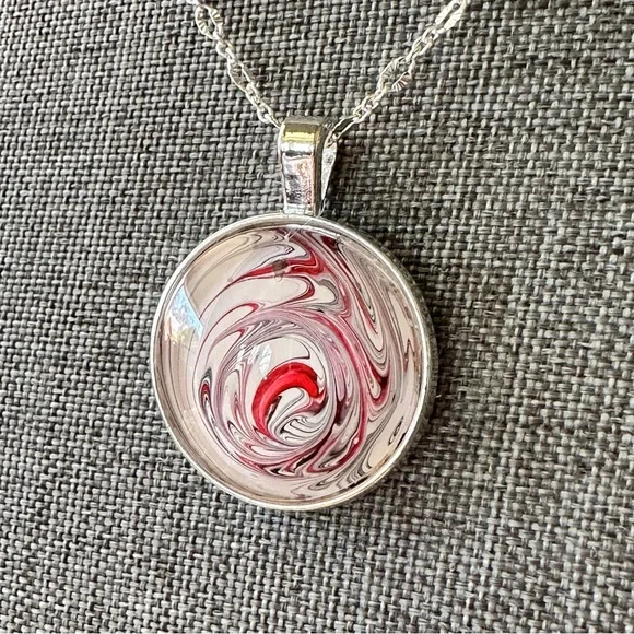 Hand painted Abstract Acrylic fluid art round bezel pendant necklace red white - Picture 6 of 8